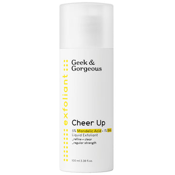 A bottle of full-sized Cheer Up exfoliator on white background.