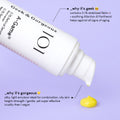 A photo of a tilted bottle of A-Game 10 with the serum texture, a yellow emulsion. The text on the image explains why it's geek: contains 0.1% stabilized Retinal + soothing Allantoin and Panthenol. Helps against all sighns of aging. A different section of text explains why it's gorgeous: silky, light emulsion ideal for combination, oily skin. High strengh, gentle yet super effective. Cruelty free, vegan.