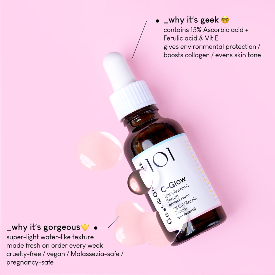 A bottle of C-Glow serum on white background. The bottle is made out of glass, and has a pipette with a rubber head.