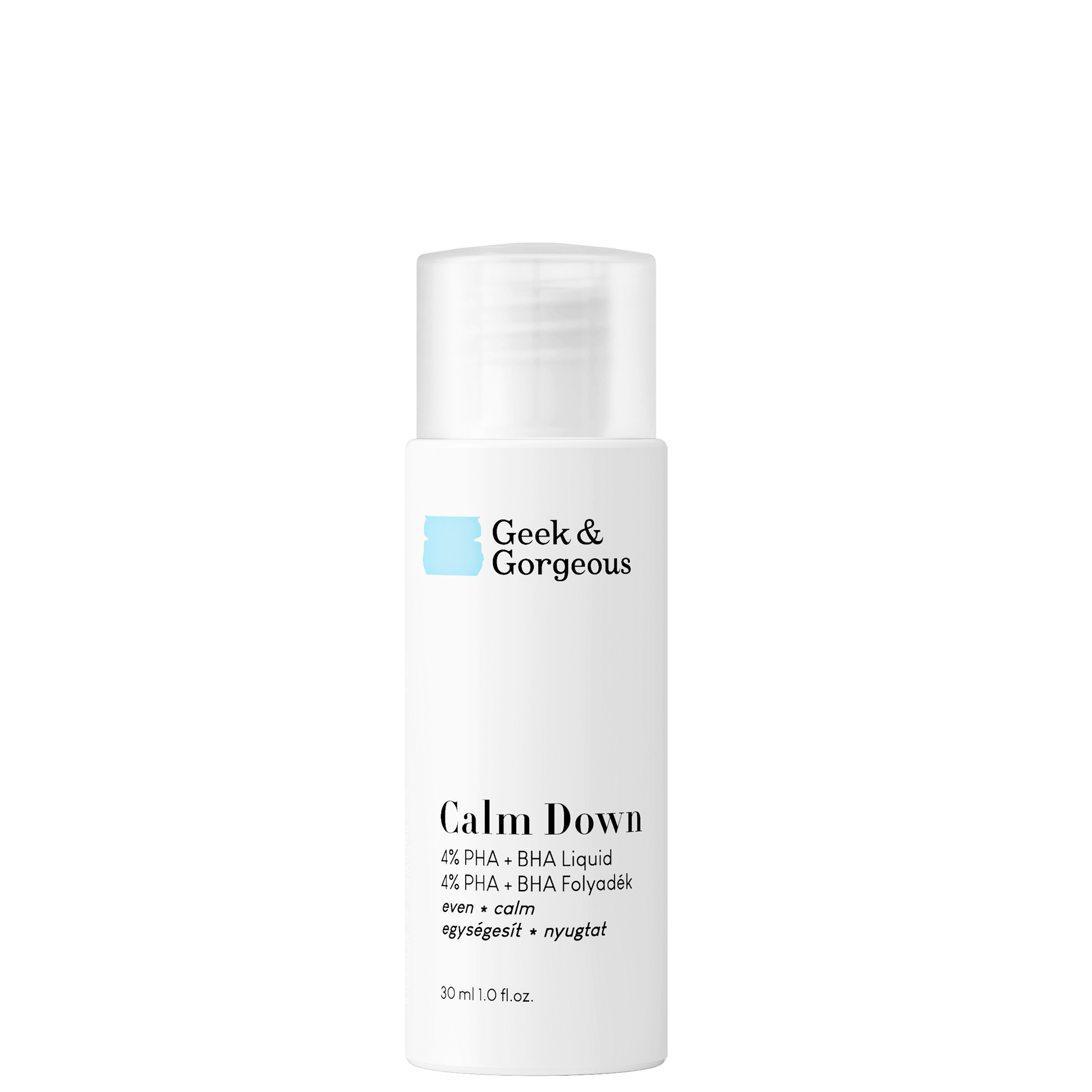 A bottle of the travel-sized (1 fl.oz. /30 ml) version of Calm Down exfoliator, on white background.