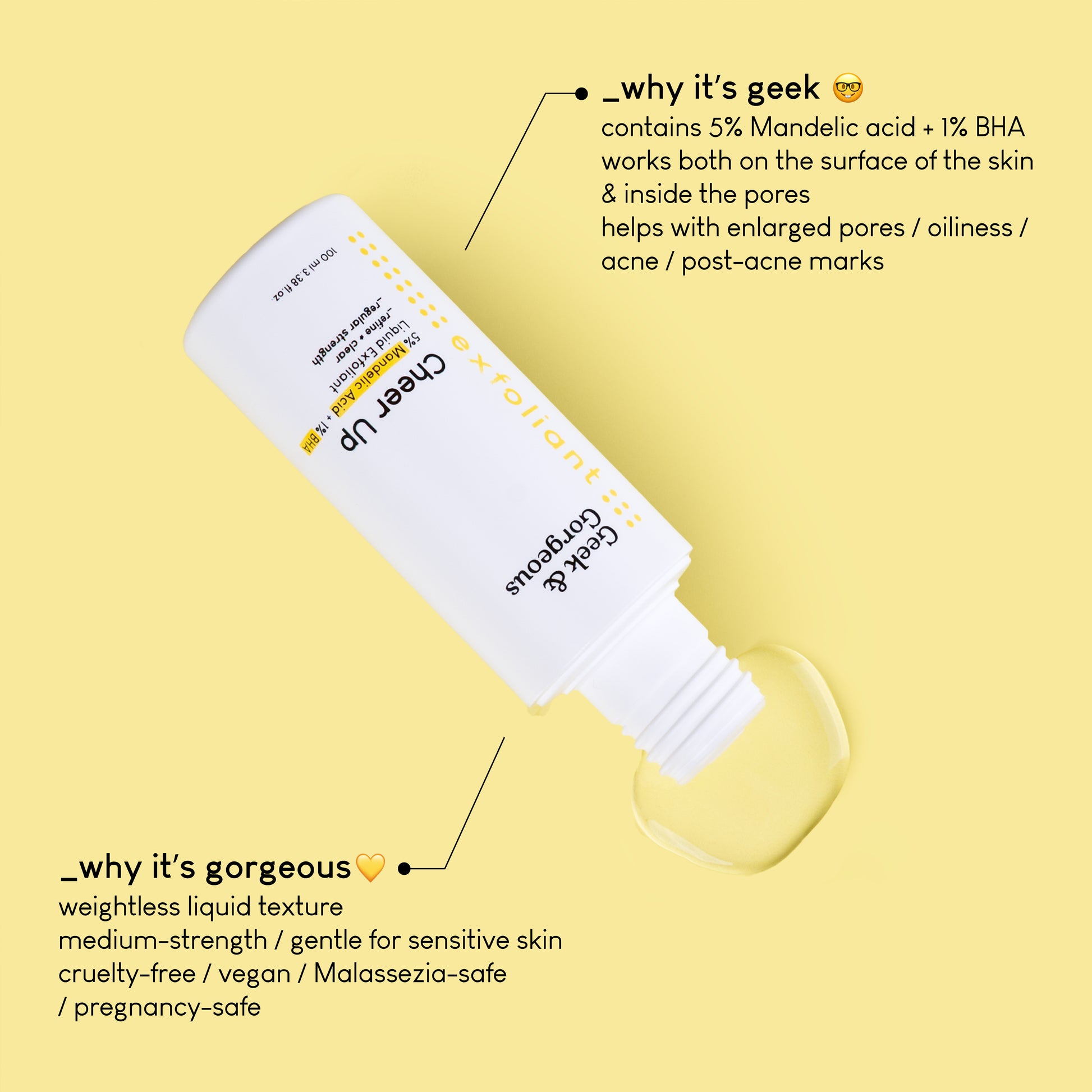 A photo of a bottle of a full sized Cheer Up,opened and laid on its side,while the product is dripping outwards,showing its waterlike texture.The text on the image explains why it's geek: contains 5% Mandelic acid+1% BHA, works both on the surface of the skin and inside the pores,helps wth enlarged pores,oiliness,acne&post-acne marks.A different section of text explains why it's gorgeous:weightless liquid texture,medium-strength,gentle for sensitive skin,cruelty-free,vegan, Malassezia-safe,pregnancy-safe