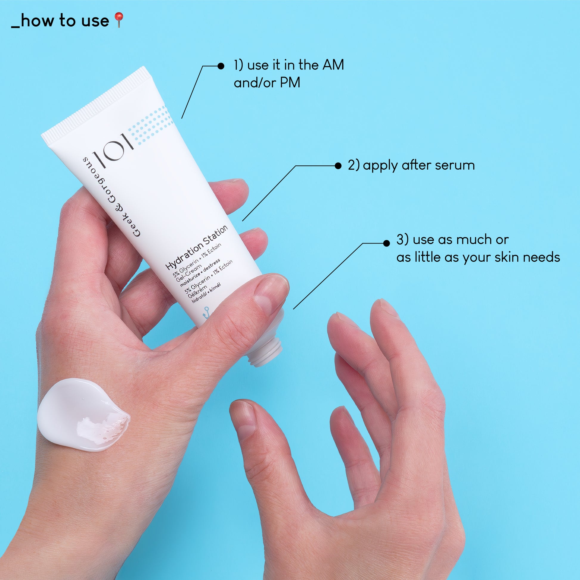 A close up photo of the texture of Happier Barrier, squeezed onto a hand. The text on the image explains how to use the product: use it in the AM and/or PM, apply after serum, use as much or as little as your skin needs