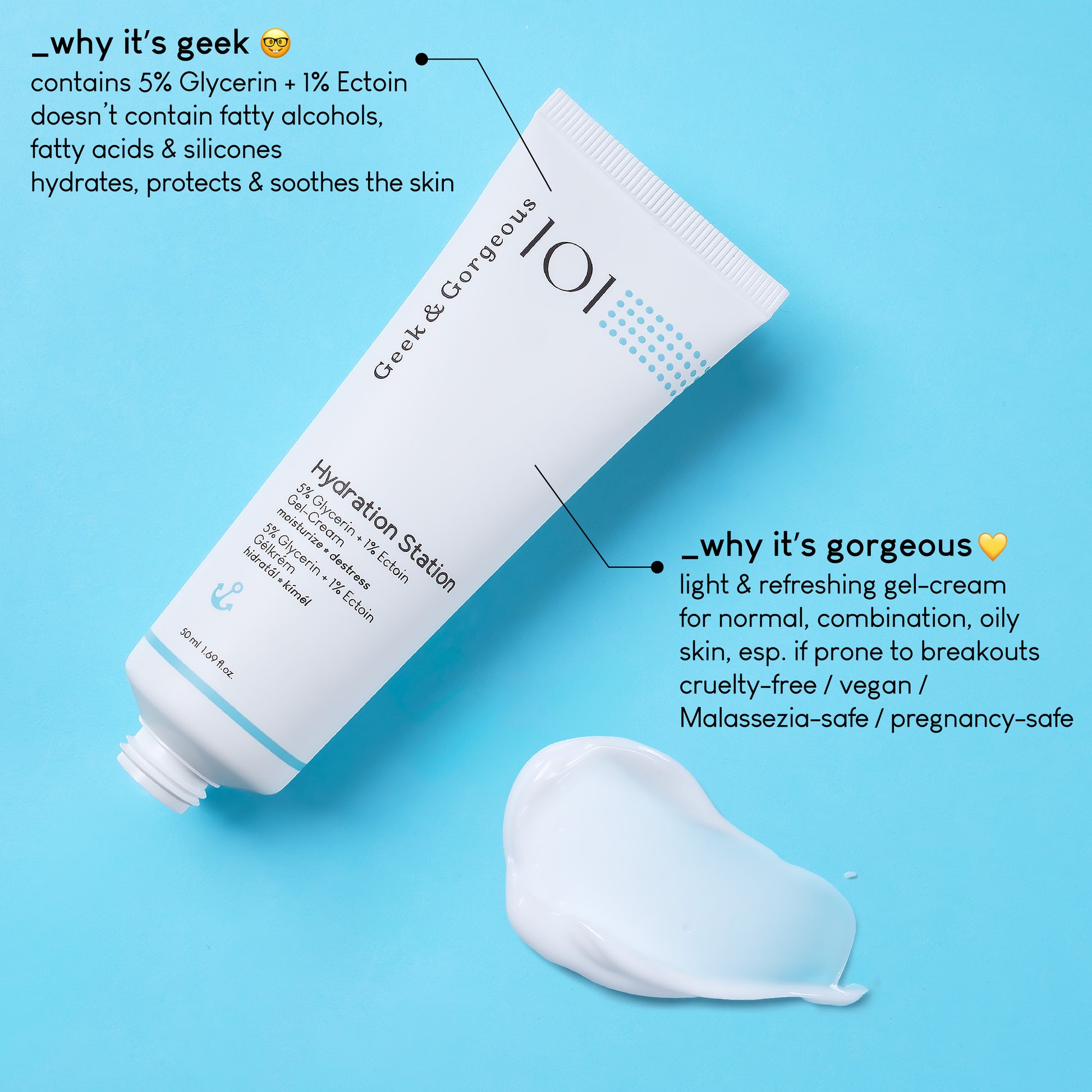 A photo of an open tube of Hydration Station, with the texture next to it, a lightweight white gel-like texture.
The text on the image explains why it's geek: contains 5% Glycerin+1% Ectoin doesn't contain fatty acids&silicones, hydrates, protects&soothes the skin. A different section of text explains why it's gorgeous: light&refreshing gel-crem for normal, combo, oily skin, esp. if prone to breakouts, cruelty-free, vegan, Malassezia-safe, pregnancy-safe