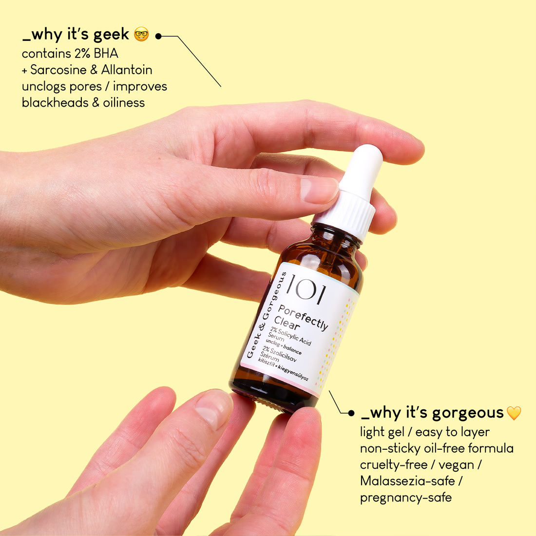 A bottle of Porefectly Clear serum on white background. The bottle is made out of glass, and has a pipette with a rubber head.