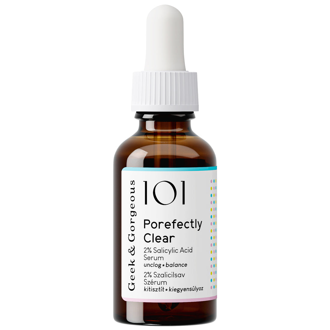 A bottle of Porefectly Clear serum on white background. The bottle is made out of glass, and has a pipette with a rubber head.