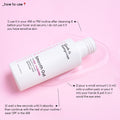 A close up photo of the an opened bottle of Smooth Out lying on a pink background, on top of a puddle of a very light, watery texture. The text on the image explains how to use the product: use it in your AM or PM routine after cleansing&before your toner and serums, do not use it if you have sensitive skin. Pour a small amount onto a cotton pad, or pour it into your hands&pat it on. Avoid the e area.
Wait a few seconds until it absorbs, then continue with the rest of your routine. Wear SPF in the AM