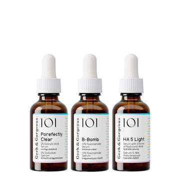 Porefect Skin Kit, which contains a bottle of Porefectly Clear serum, a B-Bomb serum, and a HA5 Light serum.