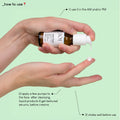 In front of a mint green background, we can see a hand holding an AAll Clear serum, pumping it onto the index finger of the other hand, with a single white drop of serum landing on the fingertip.  
The copy says: _how to use:
1. use it in the AM and/or PM   

2. apply a few pumps to the face after cleansing, liquid products & gel-textured serums, before creams

3. shake well before use

