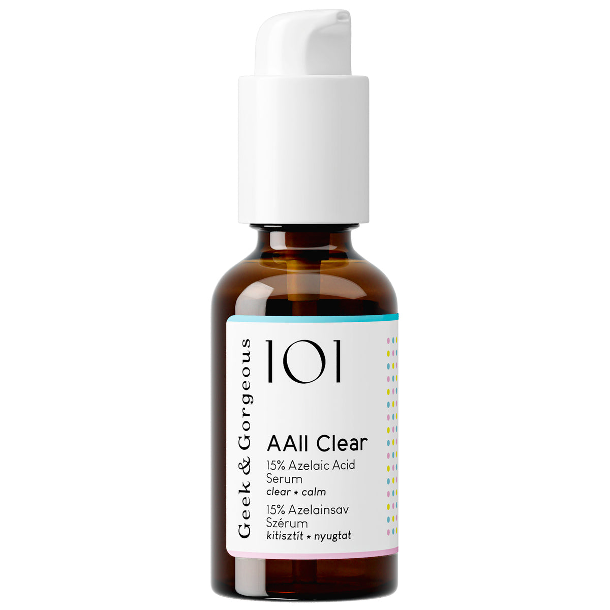 A bottle of AAll Clear serum in front of a white background.