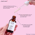 A photo of the texture of the C-Glow serum, as a droplet comes out of the pipette, while the bottle is hold in a hand.  The text on the image explains how to use the product: apply 3-6 drops to your face after cleansing, before toner, serums and creams. Put a drop directly onto your face and quickly pat it on with your other hand.
Ideal to use in the AM, but can be applied in the PM as well.