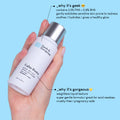 A photo of a tilted bottle of a full sized Calm Down, held in a hand. The text on the image explains why it's geek: contains 3,2% PHA+0,8% BHA. Gently exfoliates sensitive skin prone to redness, soothes/hydrates/gives a healthy glow.
A different section of text explains why it's gorgeous: weightless liquid texture, super gentle formula/great acid for newbies, cruelty-free and pregnancy-safe