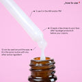 A close up photo of the texture of the Power Peptide serum, as a droplet comes out of the pipette.  The text on the image explains how to use the product: 1) use it in the AM and/or PM 2) apply a few drops to your face after liquid/gel products and before your creams 3) can be used around the eyes and in the same routine with any other active ingredient
