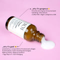 A photo of an open bottle of Power Peptides serum on pink background, with the texture of the product; a milky, but lightweight, oil-free texture. The text on the image explains why it's geek: powered by a unique blend of 4 advanced collagen and extracellular matrix boosting tescnologies: Matrixyl 3000/Matrixyl synthe 6'/Tego Pep 4-17/X50 Antiaging
A different section of text explains why it's gorgeous: firms the skin and gives its bounce back, hydrating, milky texture, cruelty-free/vegan/pregnancy-safe