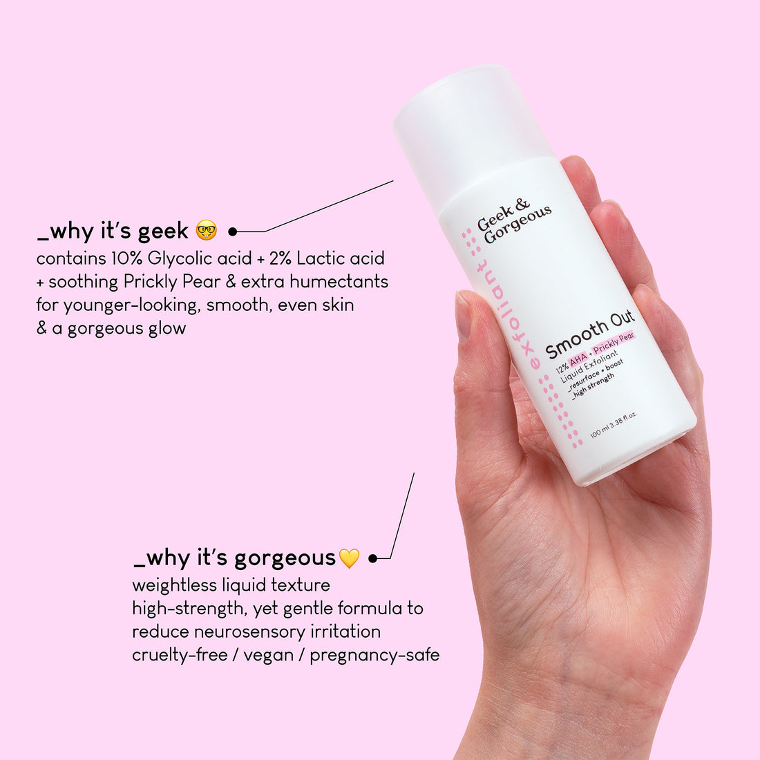 A bottle of full-sized Smooth Out exfoliator on white background.