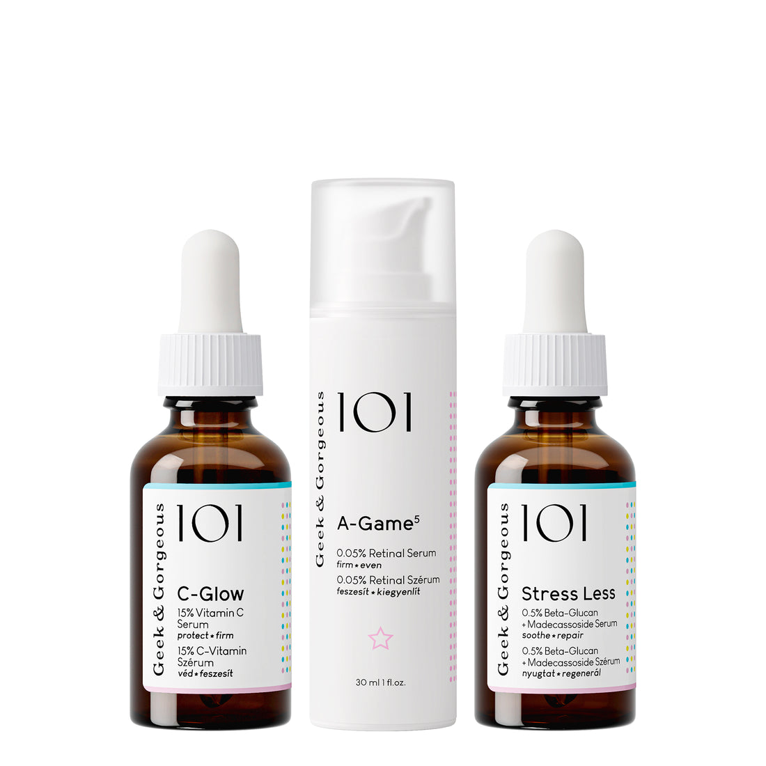 Age Smart Kit which contains three products:  a bottle of C-Glow,  a Stress Less, and an A-Game 5 