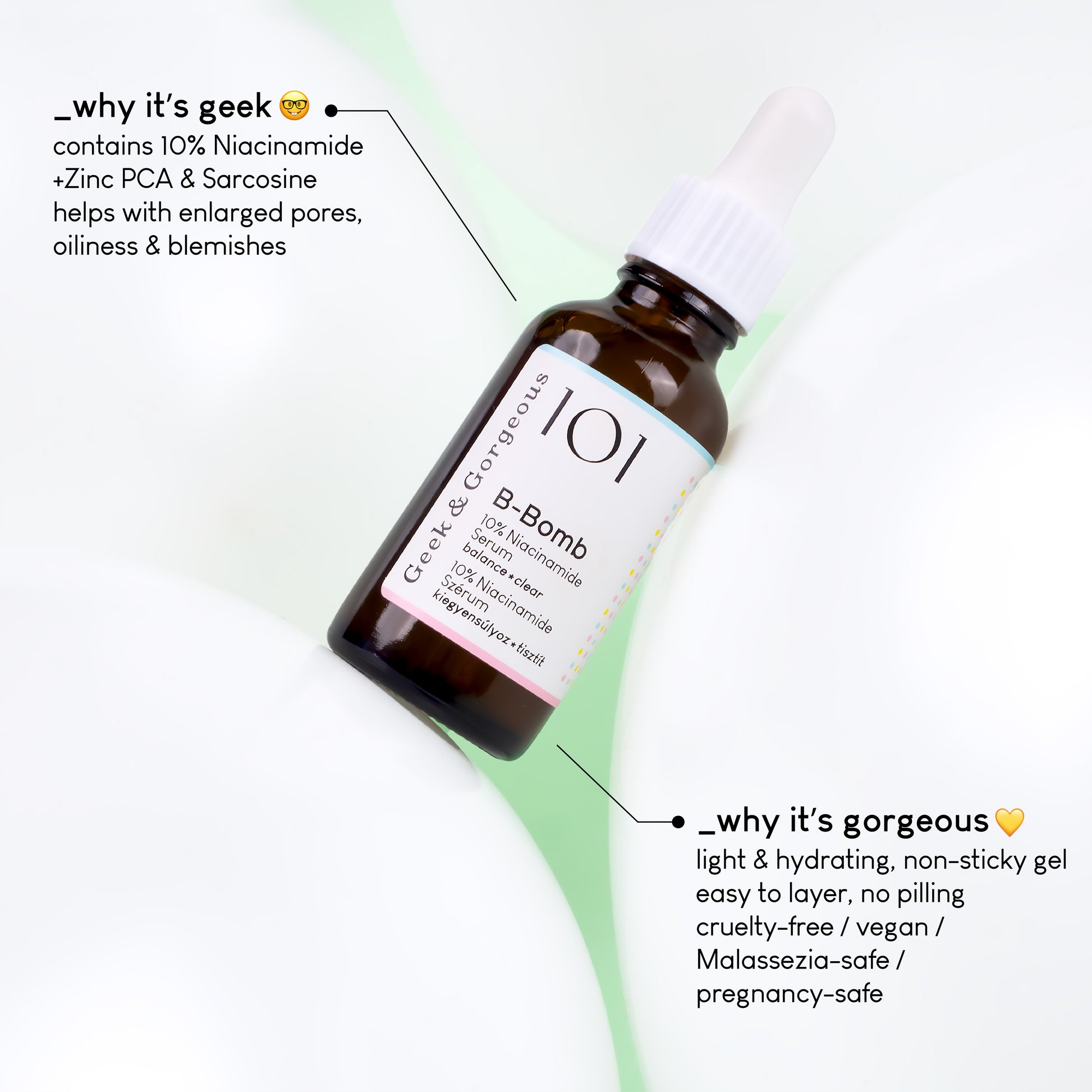 A photo of a bottle of B-Bomb  displayed between white balls.  The text on the image explains why it's geek: contains 10% Niacinamide+Zinc PCA and Sarcosine helps with enlarged pores, oiliness and blemishes.
A different section of text explains why it's gorgeous: light and hydrating, non-sticky gel, easy to layer, no pilling, cruelty-free, vegan, Malassezia-safe, pregnancy-safe