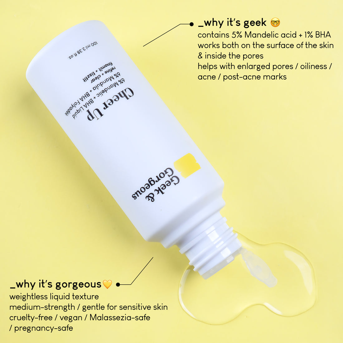 A bottle of a full-sized (3.38 fl.oz./100ml) Cheer Up exfoliator on white background.