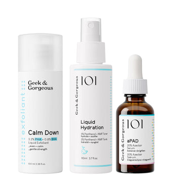 Keep Calm Kit, which contains a full sized version of Calm Down exfoliator, a full sized Liquid Hydration toner, and a bottle of aPAD serum.