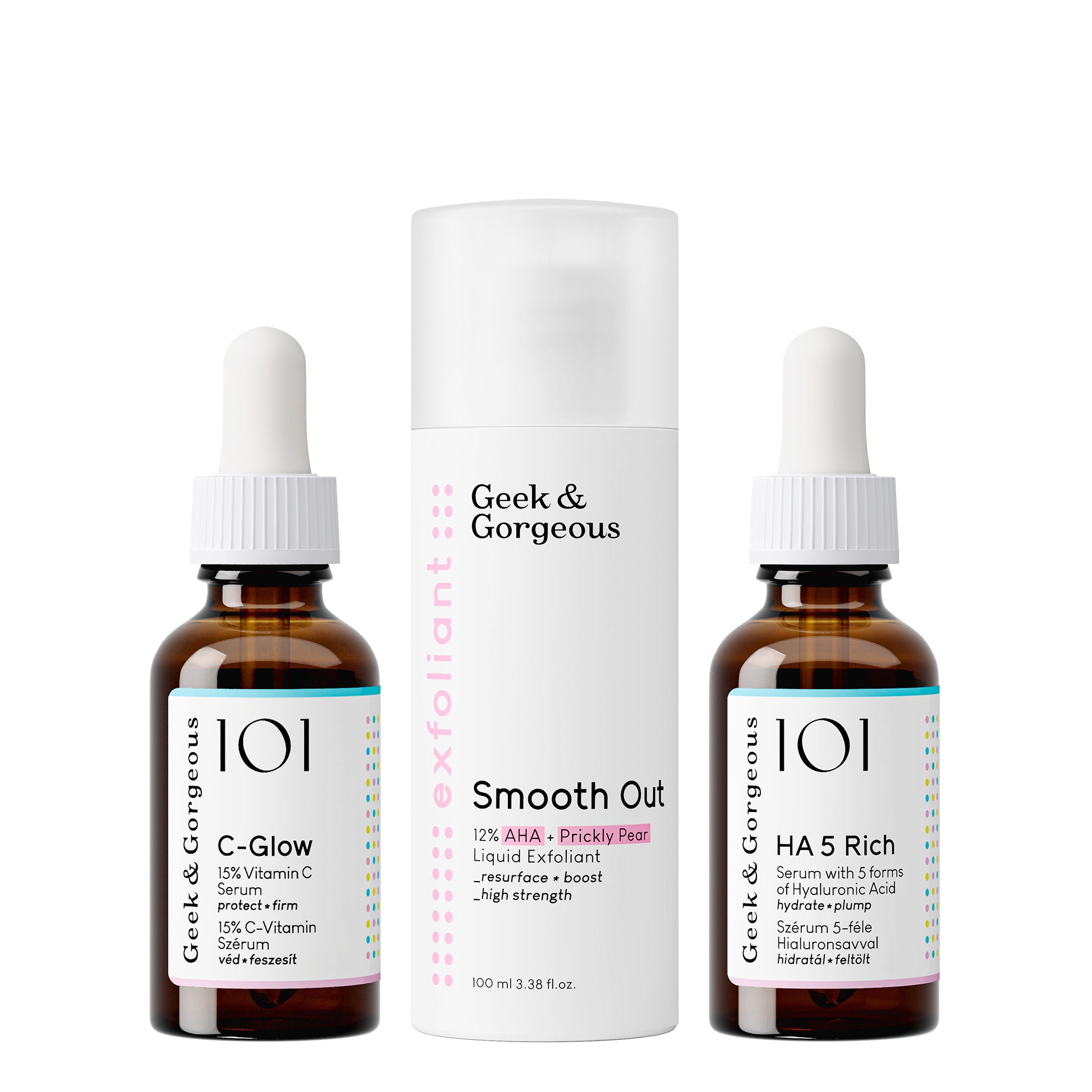 Let's Glow Kit which contains a full sized version of Smooth Out, a C-Glow and a HA5 Rich serum.