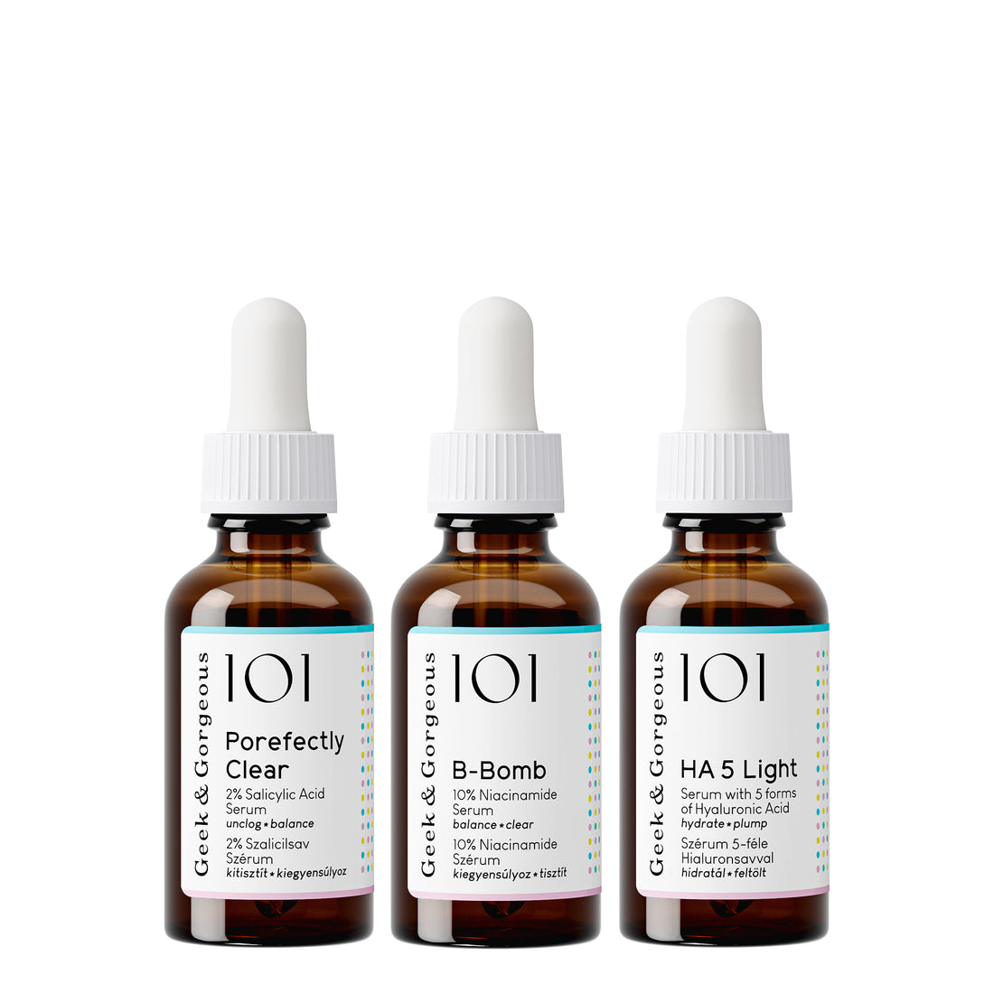 Porefect Skin Kit, which contains a bottle of Porefectly Clear serum, a B-Bomb serum, and a HA5 Light serum.