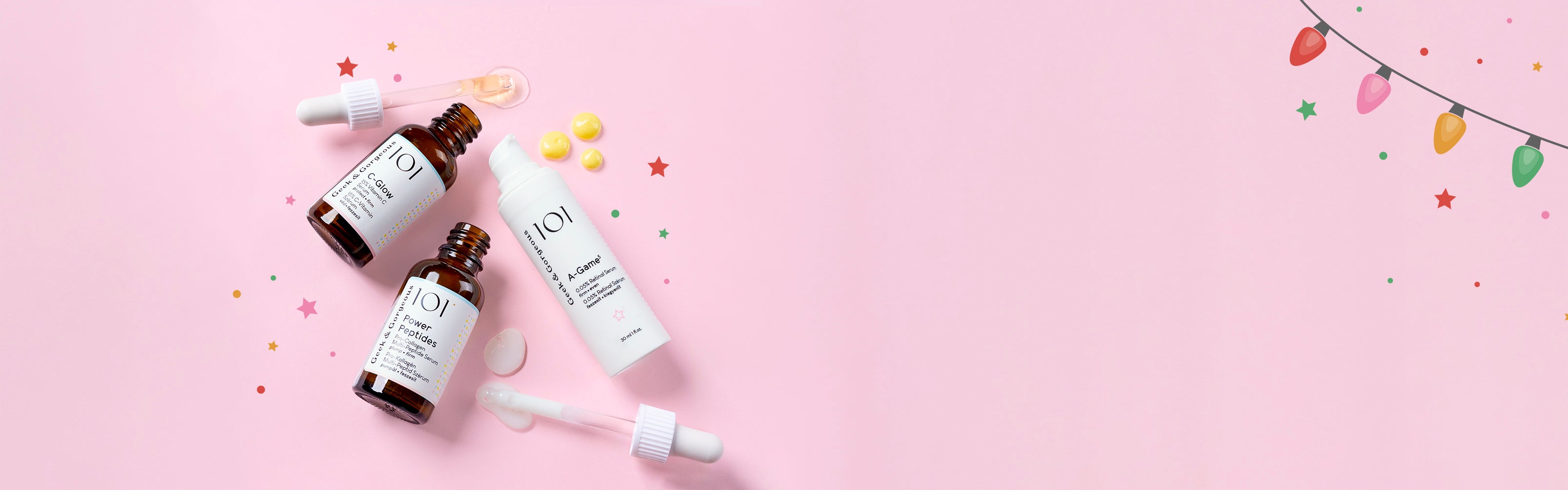 3 Geek & Gorgeous bestsellers - C-Glow, A-Game 5 and Power Peptides on a pink background with texture swatches and colorful confetti. 1621243260e1af0c20-0