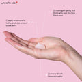 A close up photo of the texture of Jelly Joker, squeezed onto a hand.  The text on the image explains how to use the product: apply an almond to half-walnut size amount to wet skin, massage it gently over the face&eye area, rinse well with lukewarm water